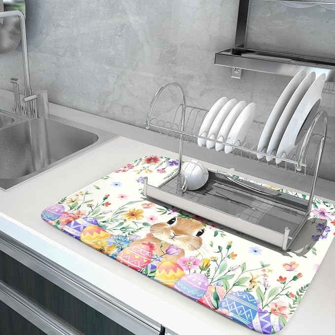 Giwawa Easter Rabbit Dish Drying Mat Spring Flower Dish Drainer Rack Mats 18x24 - Image 5