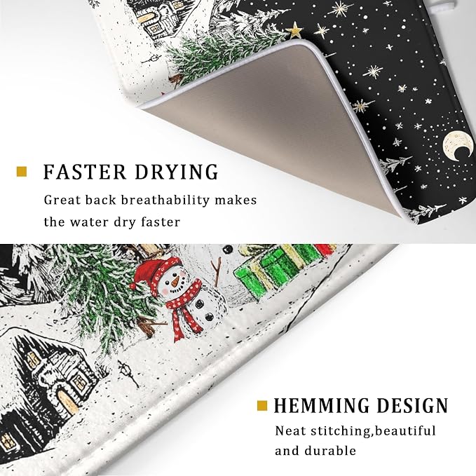 Winter Snowman Dish Drying Mat 24 X 18 in Black Microfiber Dish Pad Absorbent - Image 3