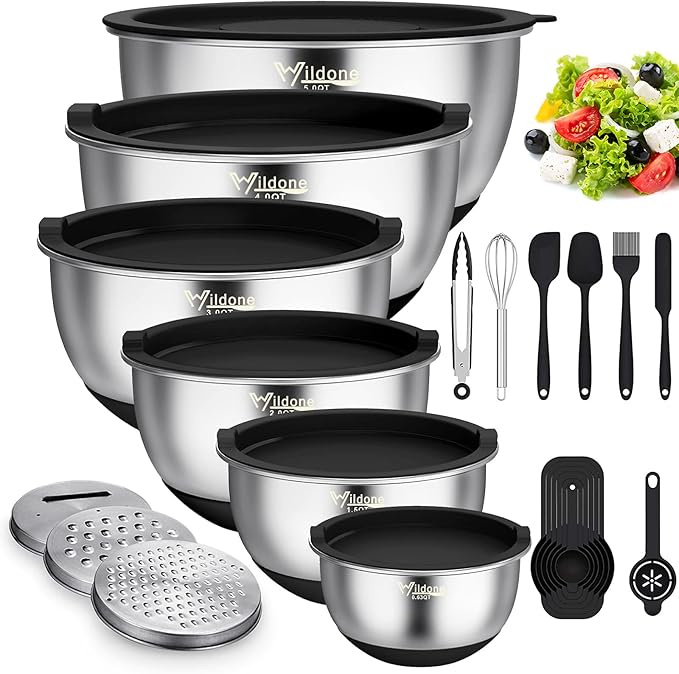 Wildone Mixing Bowls with Airtight Lids, with 3 Grater Attachments, Scale Marks by Wildone