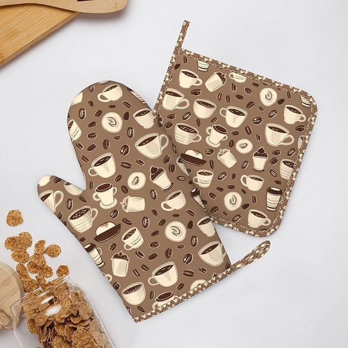 Oven Mitts and Pot Holders Set, Coffee Pattern Bean Silicone Kitchen - Image 6