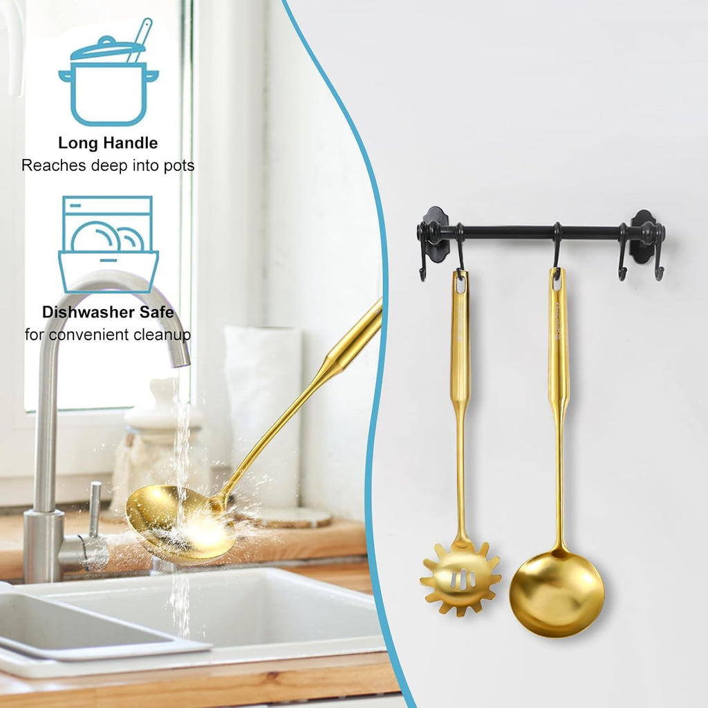 Gold Soup Ladle and Spaghetti Spoon Set - 18/10 Stainless Steel Soup