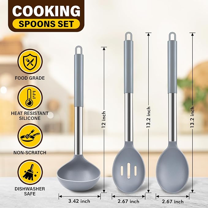 3Pcs Silicone Cooking Spoon Set, Kitchen Utensils Include Solid & Slotted Spoon - Image 2
