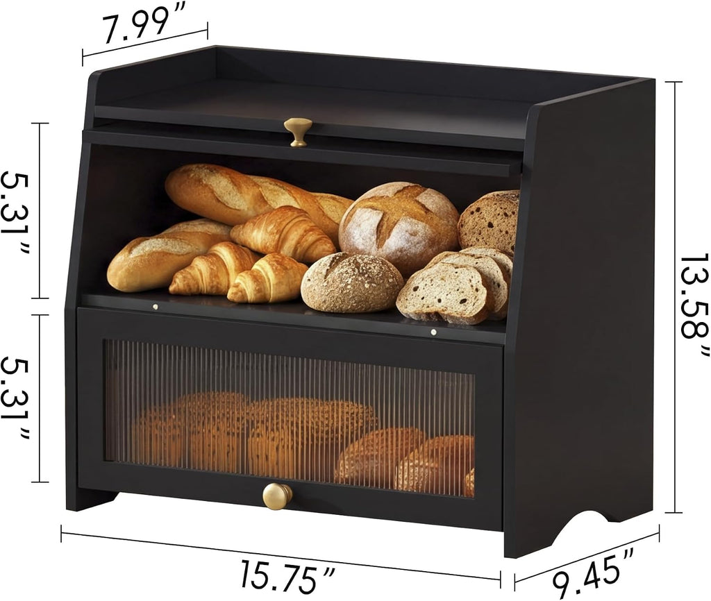 Bread Box for Kitchen Countertop, Double Layer Pine Wood Breadbox