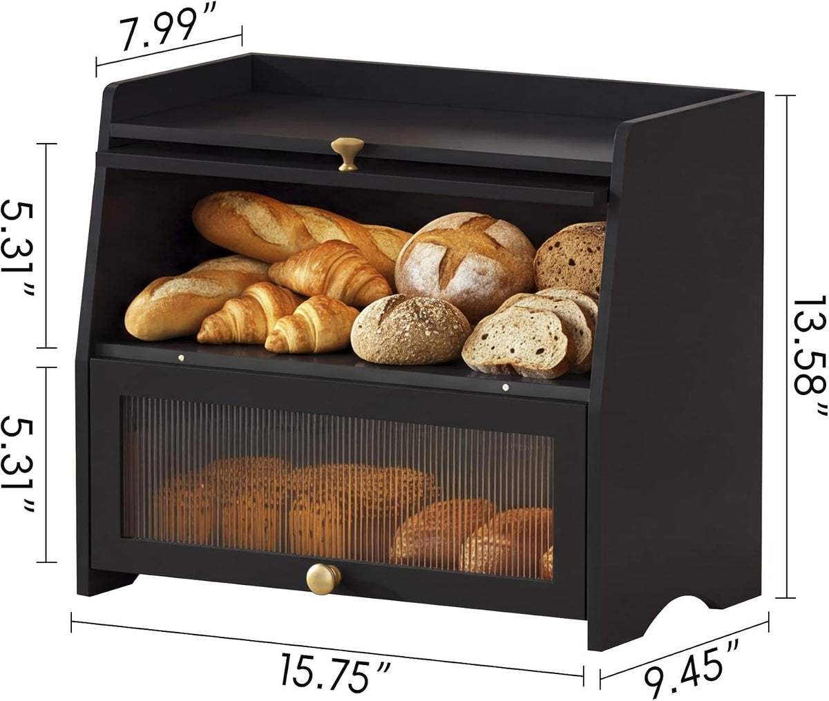 Bread Box for Kitchen Countertop, Double Layer Pine Wood Breadbox