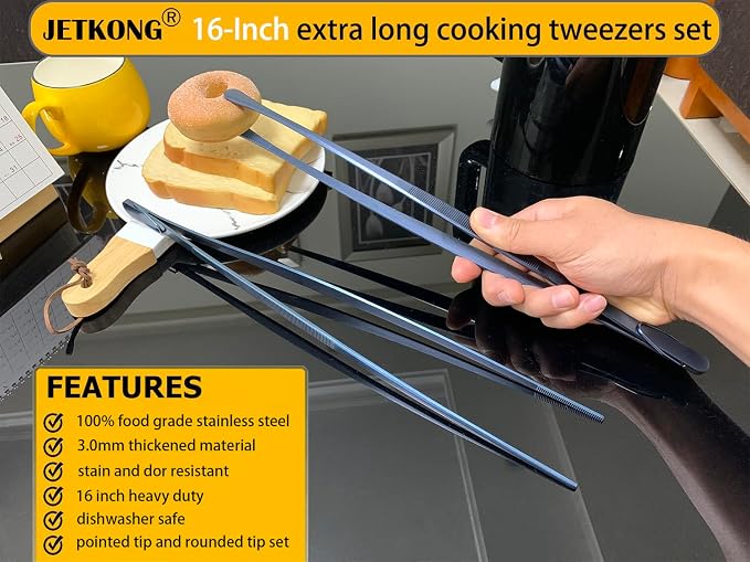 JETKONG 2 Pcs 16-Inch Heavy Duty Cooking Tweezers Extra Long Stainless Steel - Image 3