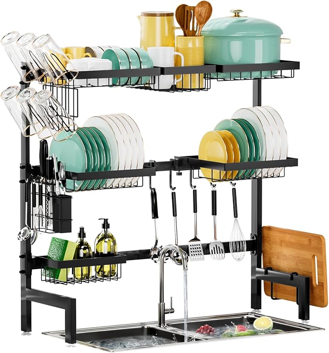 Over The Sink Dish Drying Rack, Expandable Length 3-Tier Large Stainless Steel - Image 3