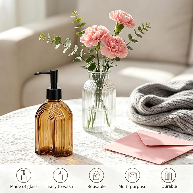 Black Pump Glass Soap Dispenser, 12oz Brown Stripe Countertop Refillable Liquid - Image 4