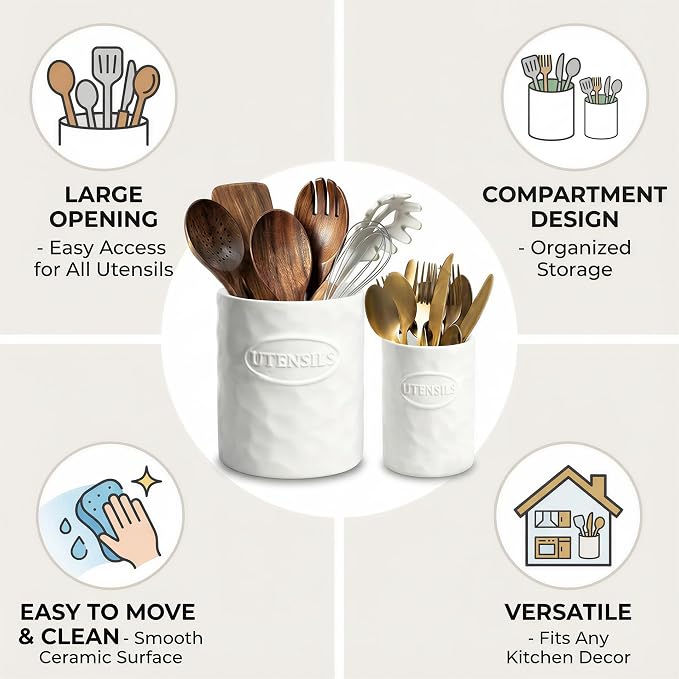 White Utensil Holder Set of 2 Ceramic Cooking Utensil Crock Modern Kitchen - Image 5