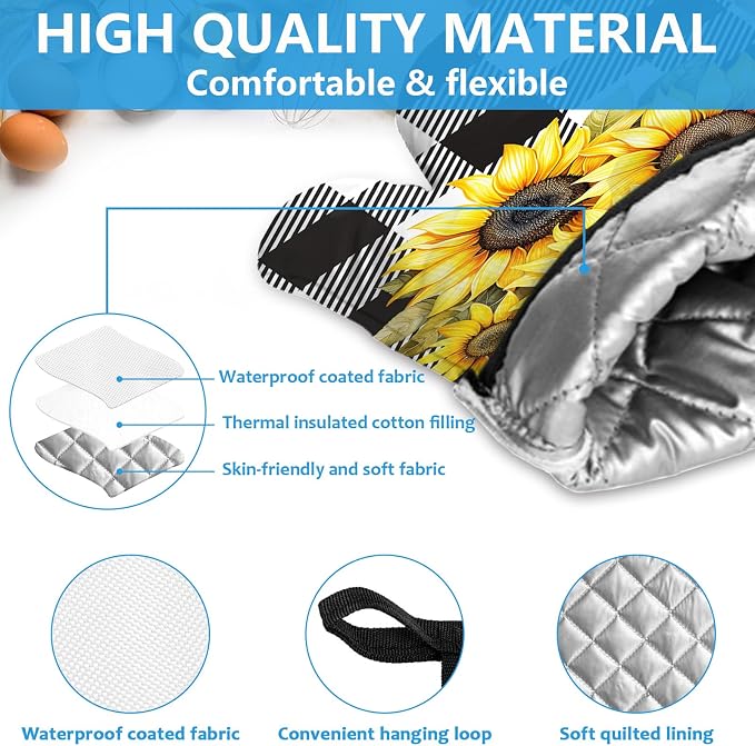 Sunflower Oven Mitts and Pot Holders Sets Heat Resistant 4Pcs Black White - Image 3