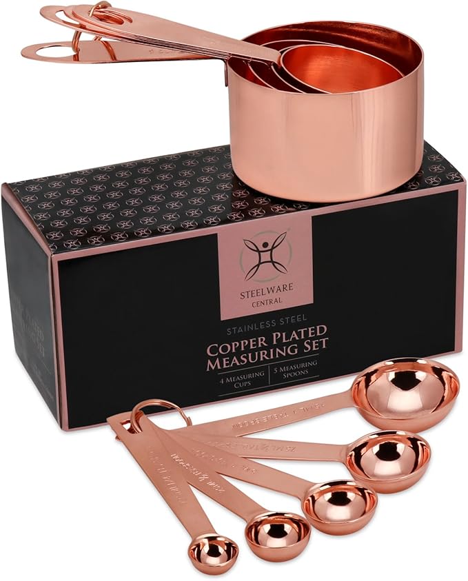 Copper Measuring Cups and Spoons Stainless Steel 9 pieces by SteelwareCentral