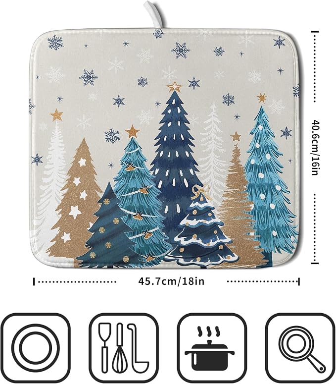 Christmas Tree Dish Drying Mat for Kitchen Counter 18x16 Inch Xmas Snowflake - Image 4