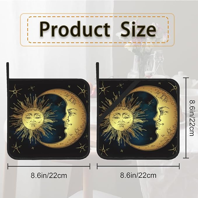 Celestial Moon Golden Sun Boho Chic Stars Pot Holder Set of 2, Heat Resistant - Image 2