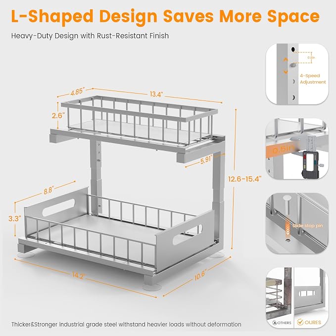 Under Sink Organizer, Heavy Duty Metal Pull Out Cabinet Organizer Slide Out - Image 6