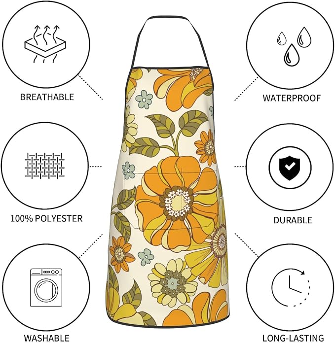 Retro 70s Style Flower Oven Mitts Pot Holders Cooking Apron Set of 5 Silicone - Image 5