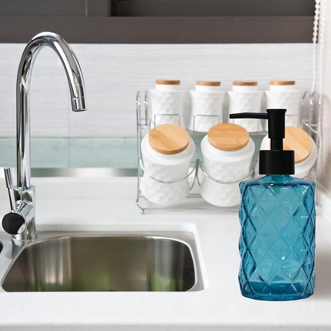 Blue Glass Soap Dispenser with Black Plastic Pump, 12oz Refillable Liquid Hand - Image 5