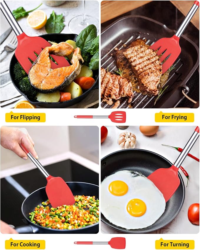 Pack of 2 Silicone Solid Turner, Non Stick Slotted Kitchen Spatulas, High Heat - Image 3