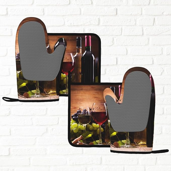 Wine Grapes Wooden Vintage Oven Mitts and Pot Holders Sets of 4, Heat Resistant - Image 6
