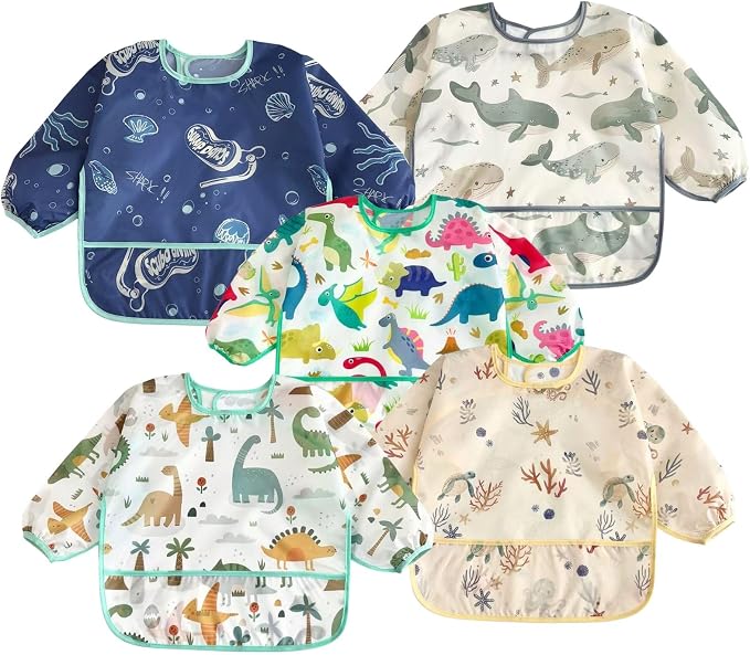 PandaEar 5 Pack Baby Long Sleeve Bibs| Waterproof Full Sleeve Bib by PandaEar