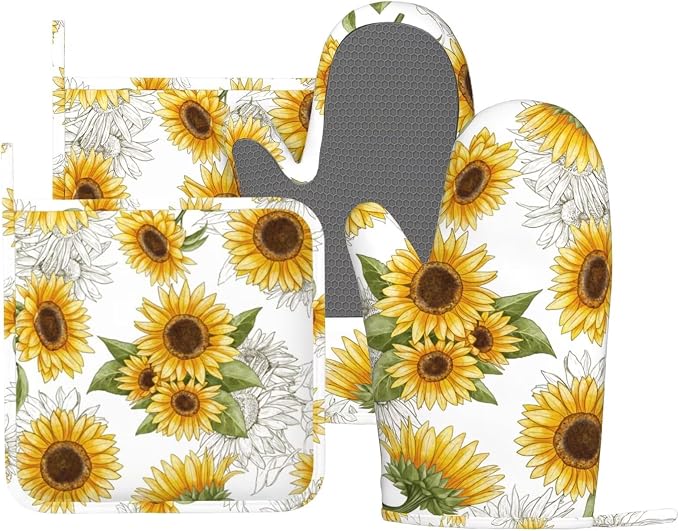 Yellow Sunflower Oven Mitts Pot Holders Set Silicone Heat Resistant Sunflowers by LONSANT