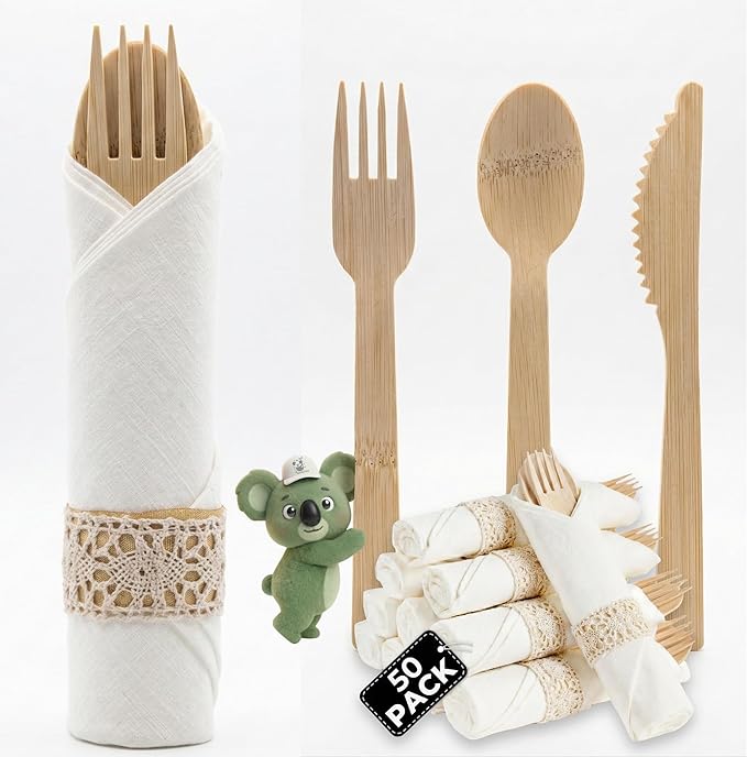 Pre Rolled Napkin and Bamboo Cutlery Set by KoalaLove