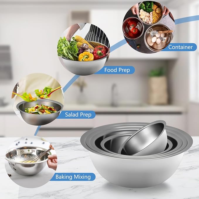 Mixing Bowl Set of 5, Stainless Steel Mixing Bowls, Nesting Whisking Bowl Set - Image 6