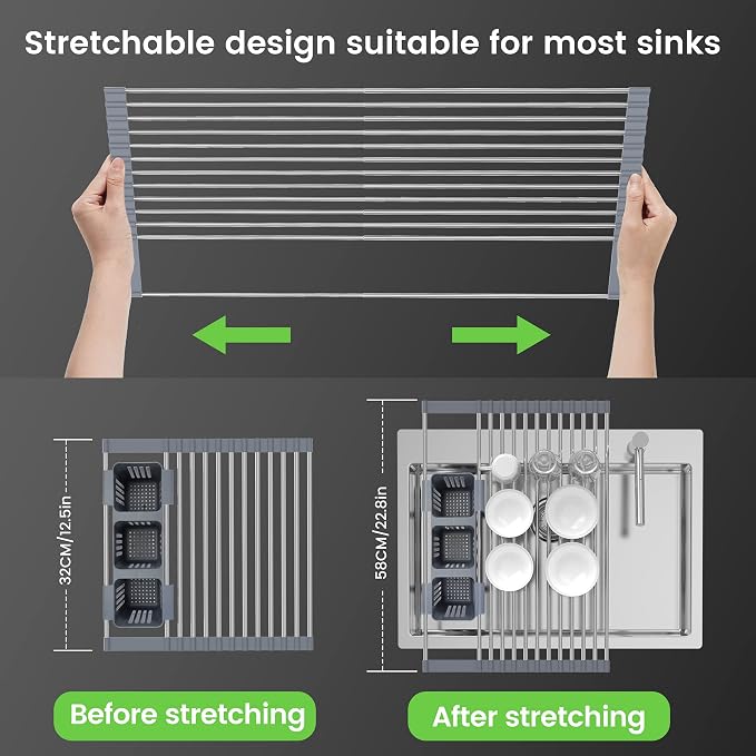 BBXTYLY Expandable Roll Up Dish Drying Rack Up to 22.8''with 2 Storage Baskets - Image 3