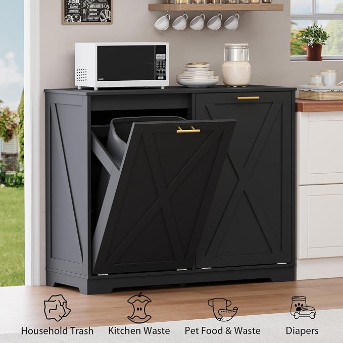 Double Tilt Out Trash Can Cabinet, Wooden Farmhouse Kitchen Garbage Bin - Image 5