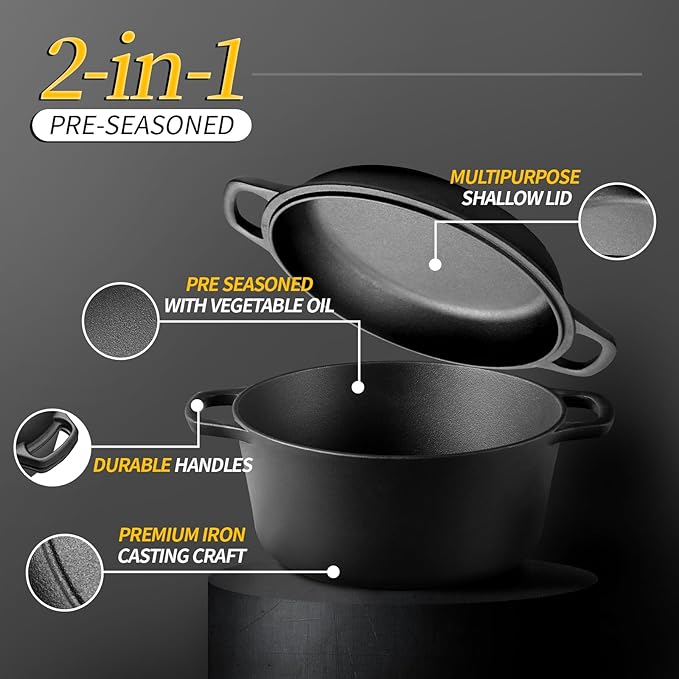 EDGING CASTING 2-in-1 Pre-Seasoned Cast Iron Dutch Oven Pot - Image 2
