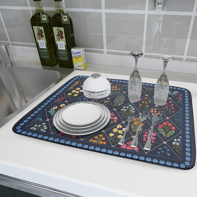 Lapis Blue Dish Drying Mat for Kitchen Counter Flowers Microfiber Absorbent - Image 6