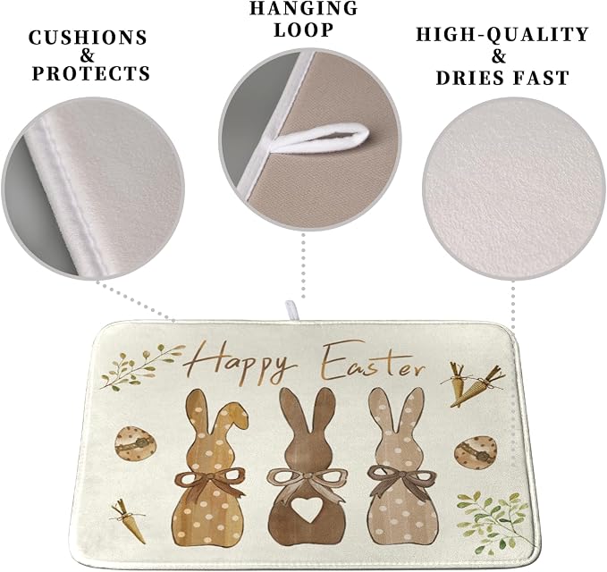 Happy Easter Bunny Dish Drying Mat Rabbits Egg Carrot Dish Pad - Image 3