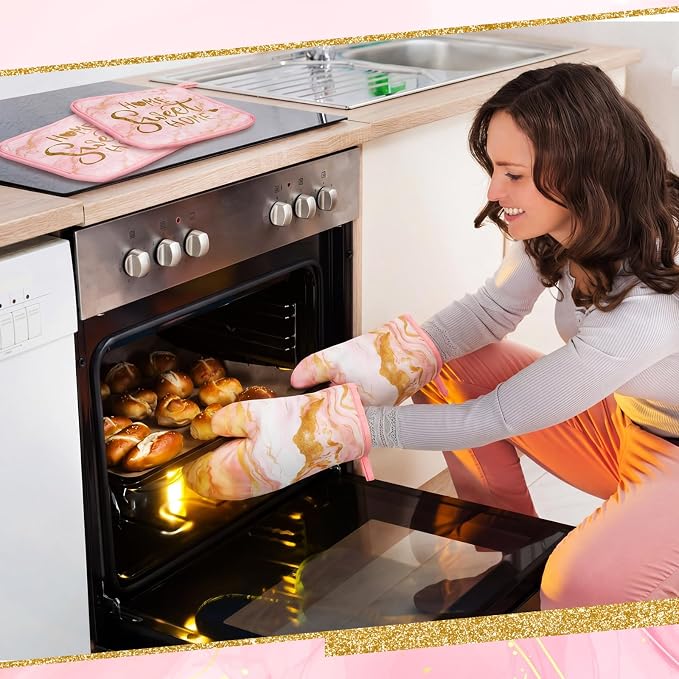 Bencailor Light Pink 6 Pcs Marble Kitchen Decor Gold Pot Holders Oven Mitts 2 - Image 2