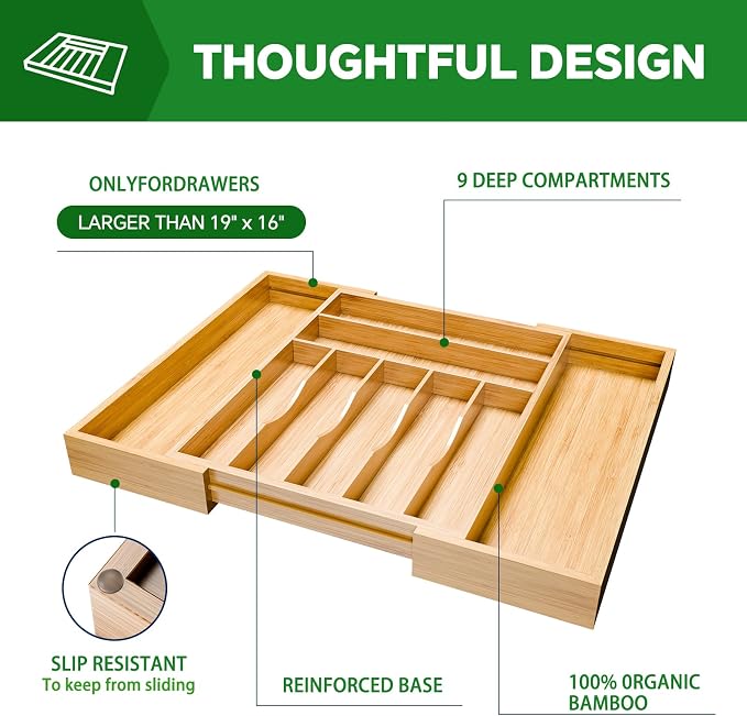 Simple Trending Bamboo Kitchen Drawer Organizer, Expandable Silverware Organizer - Image 4