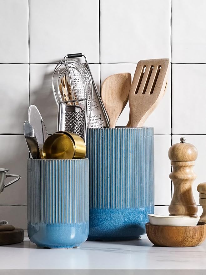 LE TAUCI Utensil Holder for Kitchen Counter, 7.3"+5.4" Fluted Ceramic Utensil - Image 3