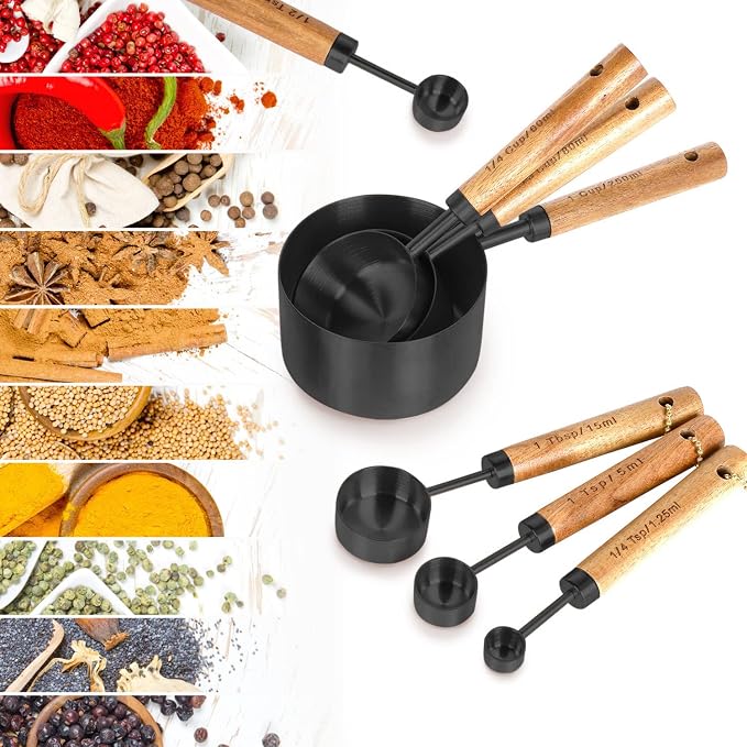 8-Piece Black Measuring Cups and Spoons Set, Stainless Steel Kitchen Measuring - Image 4