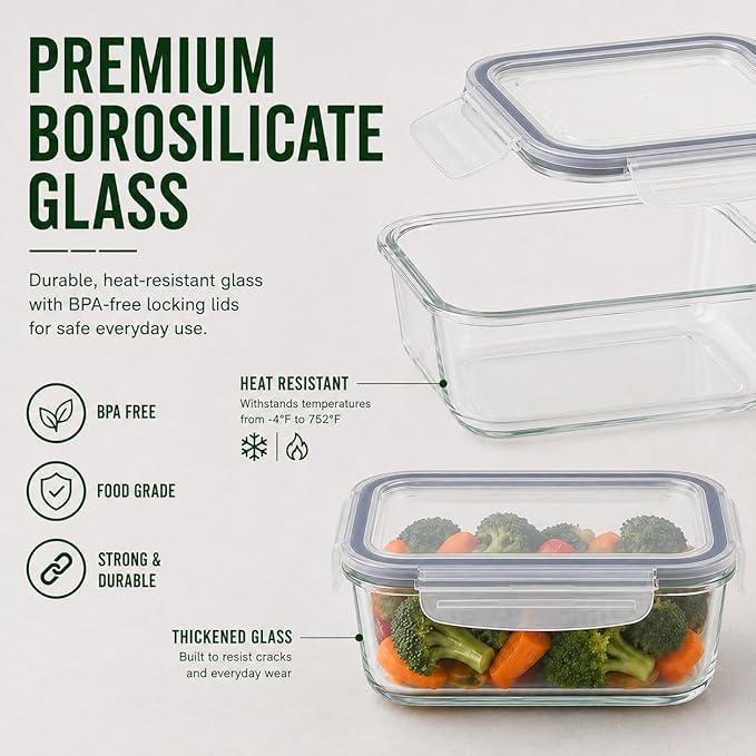 5 Pack 36oz Borosilicate Glass Food Storage Containers Set - Image 3