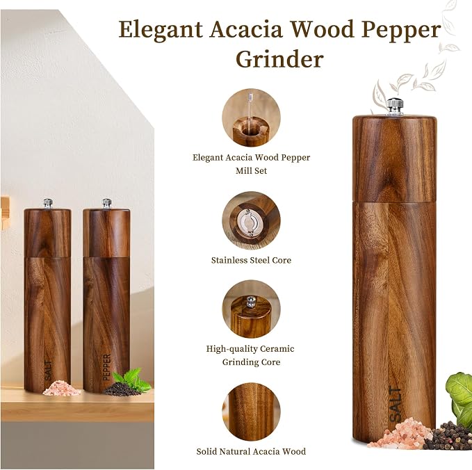XWXO 2 Pack Acacia Wooden Salt and Pepper Grinder Set 8 Inches Refillable Salt - Image 4