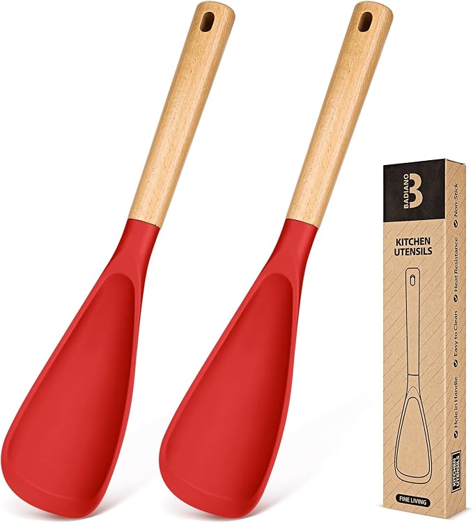 Cooking Spoon for Nonstick Cookwares, Wood Handle Spoon for Mixing, and Scrape by BADIANO