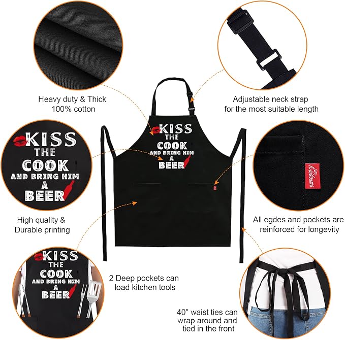 Grilling Apron - KISS THE COOK AND BRING HIM A BEER - Funny BBQ Aprons - Image 3