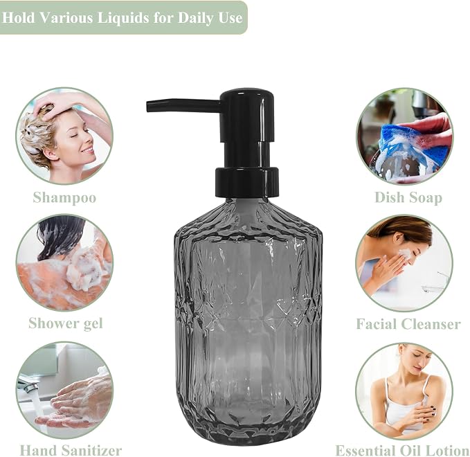 Grey Glass Soap Dispenser with Black Pump, 15oz Liquid Hand Dispenser, - Image 6