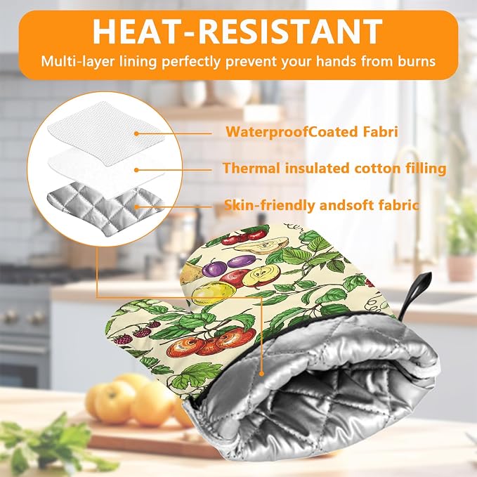 Fruit Oven Mitts and Pot Holders Sets 4Pcs, Extra Long Oven Gloves Potholder - Image 3