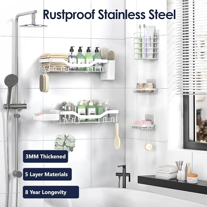 NESOMI Shower Caddy Adhesive Shower Organizer 7-Pack, Rustproof Stainless Steel - Image 5