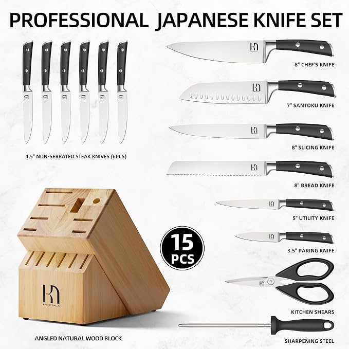 KnifeSaga Knife Set with Block, Japanese 15 PCS Ultra Sharp Ktichen Knives Set - Image 6