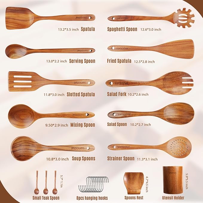 15Piece Wooden Spoons for Cooking Natural Teak Wooden Kitchen Utensils Set - Image 3