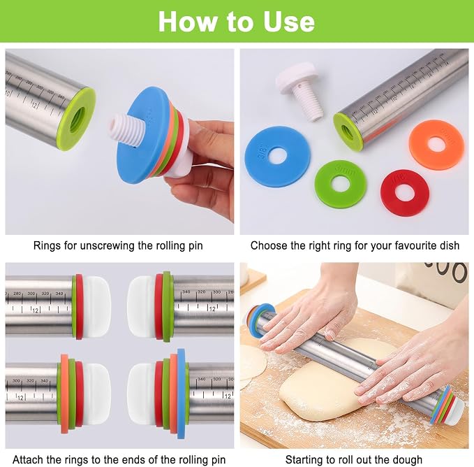 Rolling Pin with Thickness Rings and Red Silicone Baking Mat, Adjustable - Image 4