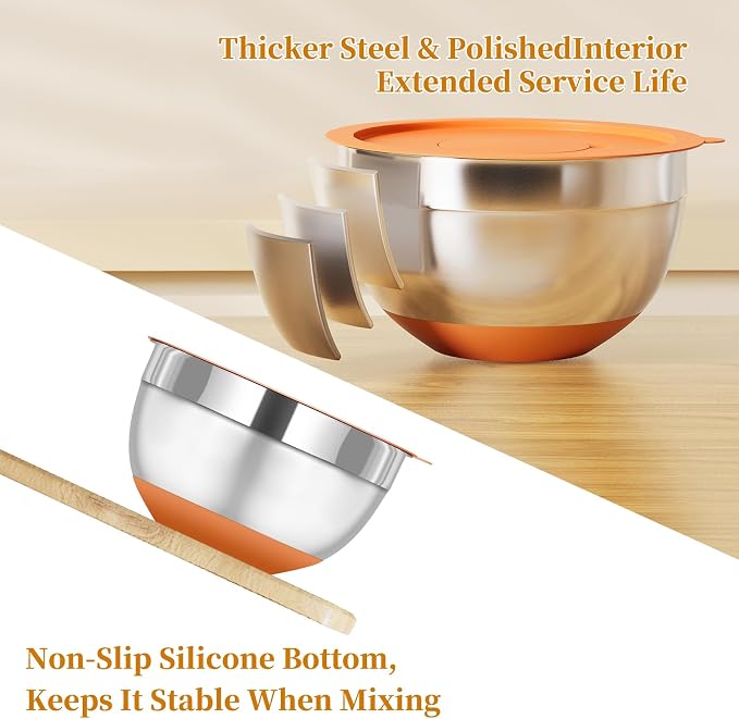 Fyrnova Mixing Bowls with Lids Set, 6 Piece Stainless Steel Nesting Storage - Image 5