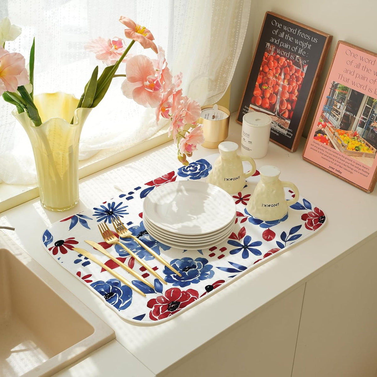 Red Blue Floral Dish Drying Mat 18x24 Inch Vintage 4th of July Drying