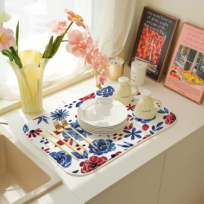 Red Blue Floral Dish Drying Mat 18x24 Inch Vintage 4th of July Drying Mat - Image 6