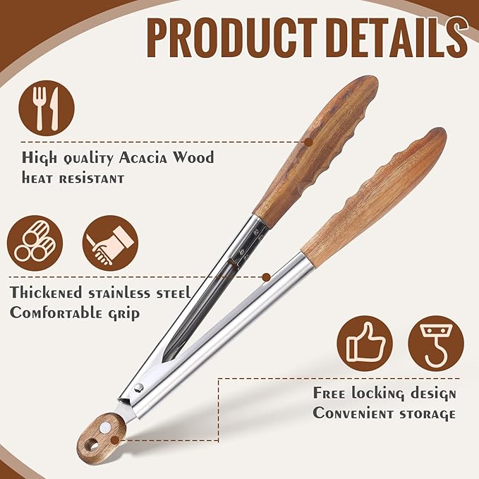 Baderke 1 Pcs Kitchen Tongs for Cooking Wooden Utensil Set Salad Tongs - Image 2