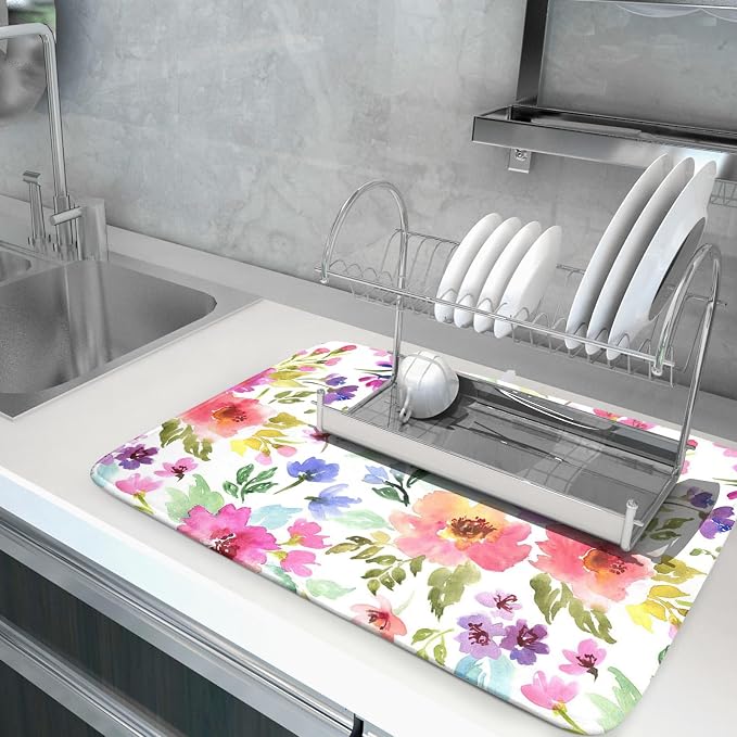 Spring Floral Dish Drying Mat for Kitchen Counter Flower Microfiber Absorbent - Image 5