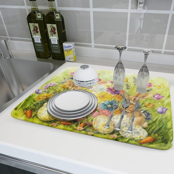 Easter Egg Dish Drying Mat 18x24 Inch Bunny Floral Green Drying Pad - Image 6